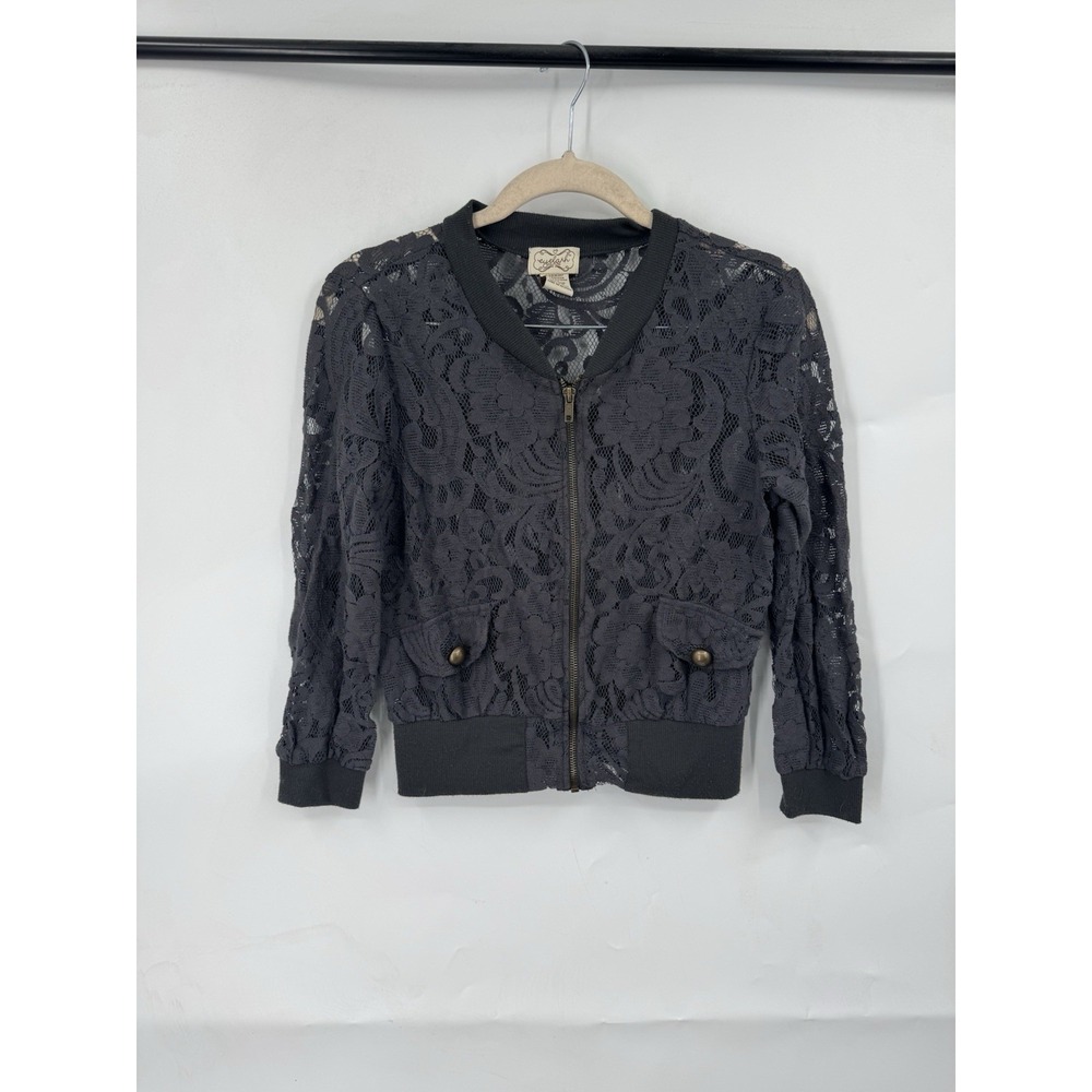 Eyelash Y2K Fairy Grunge Sheer Lace Zip Front Top Women S Charcoal Whimsigoth